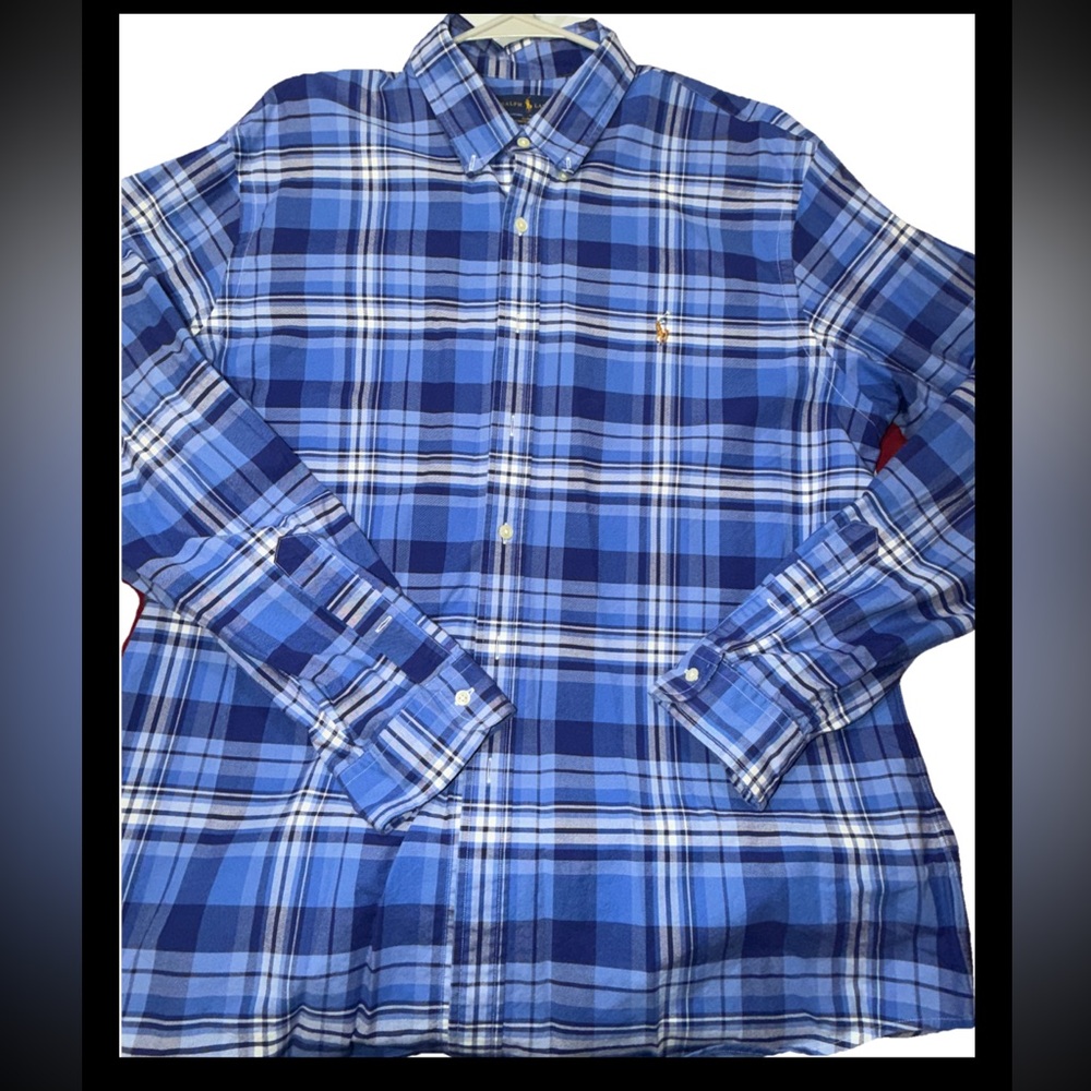 Polo Ralph Lauren Blue White Plaid button SHIRT Mens 2XL Slim Fit Stretch Oxford